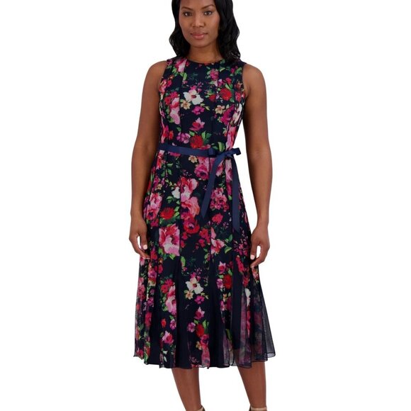Jessica Howard Petite Floral-Mesh Ribbon-Waist Midi Dress โ Navy Multi โ 4P NWT - Picture 2 of 5